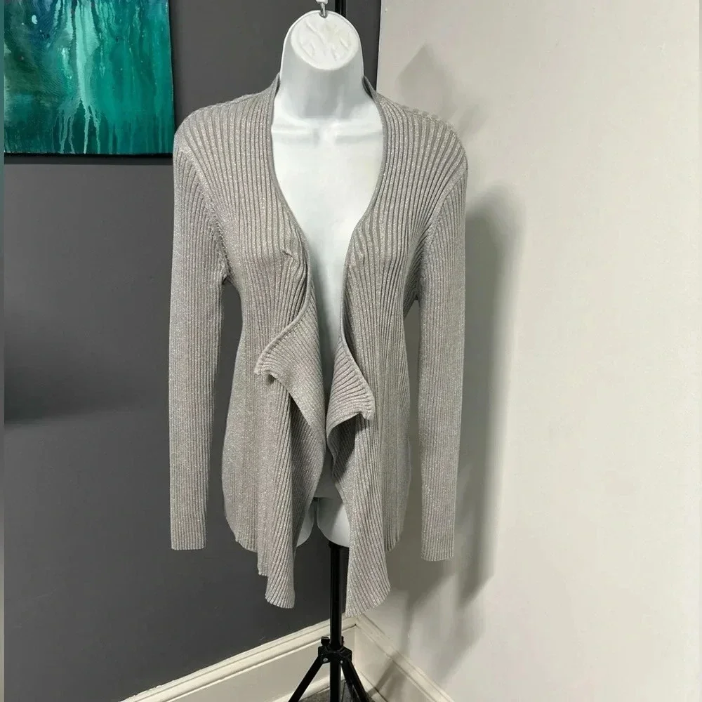 New York & Company Women’s Large‎ Silver Metallic Waterfall Cardigan Sparkle